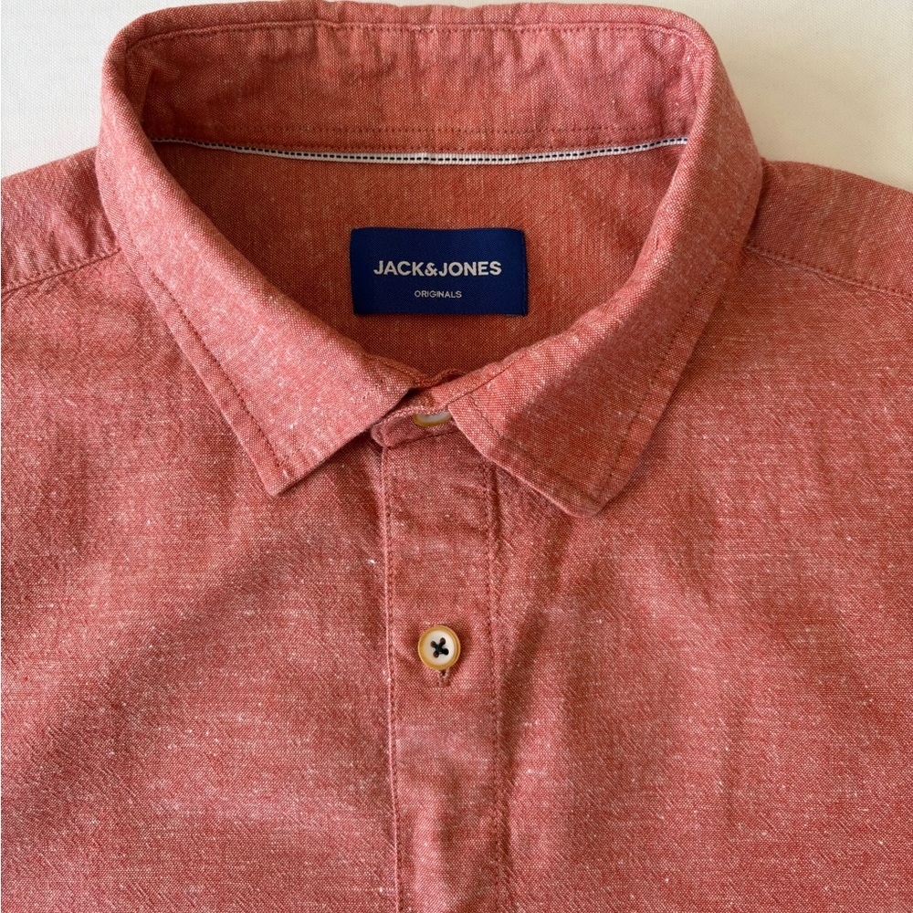Jack & Jones Men's Short Sleeve Shirt Cotton-Linen Blend Peach Size Large